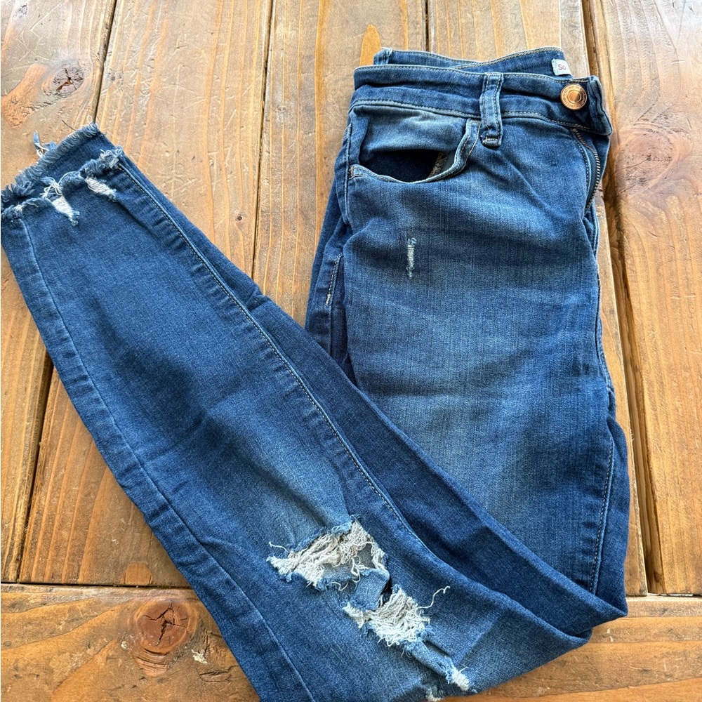 SO Women's Distressed Dark Blue Skinny Jeans